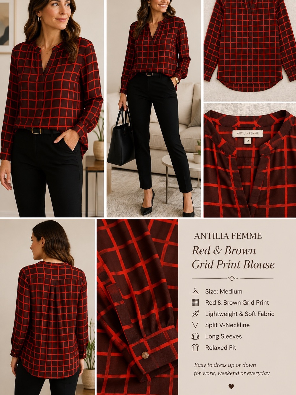 Antilia Femme Red & Brown Grid Print Blouse – Size Medium
